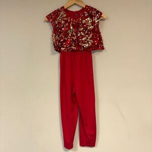 Red Sequin Jumpsuit Girls 7-8 Medium Costume Holiday Party Formal Gold Dress Up